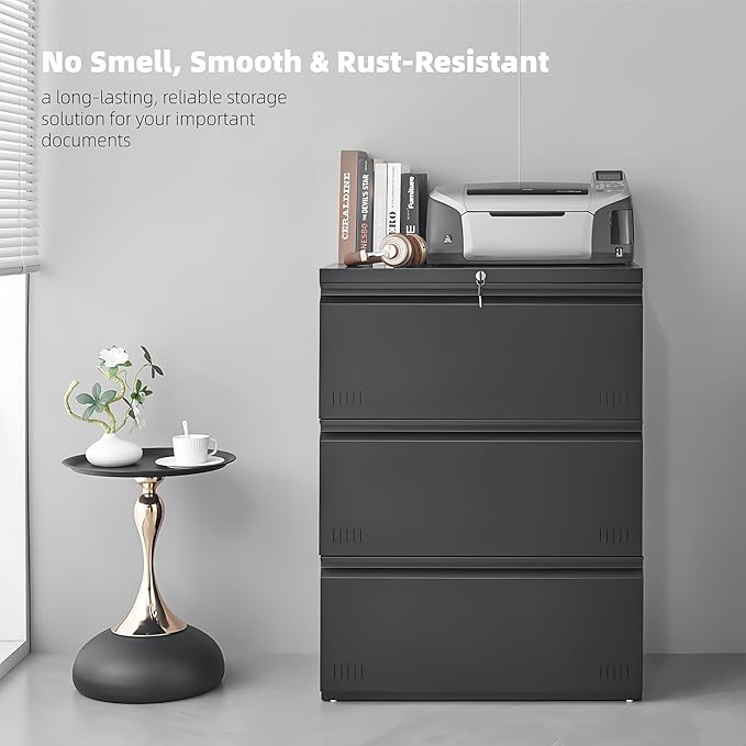 Lateral 3 Drawer File Cabient with Lock, Metal Filing Cabinets for Home Office, Heavty Duty Office Storage Cabinet for A4/Letter/Legal (Matte Black)