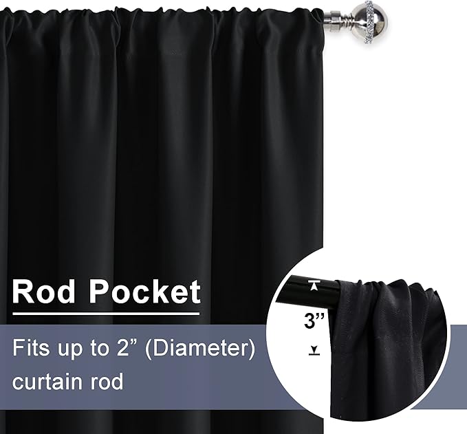 JIUZHEN Blackout Curtains for Bedroom - Thermal Insulated Room Darkening Noise Reducing, 52 x 54 Inch Length Curtains for Living Room, Set of 2 Panels with Tiebacks, Black