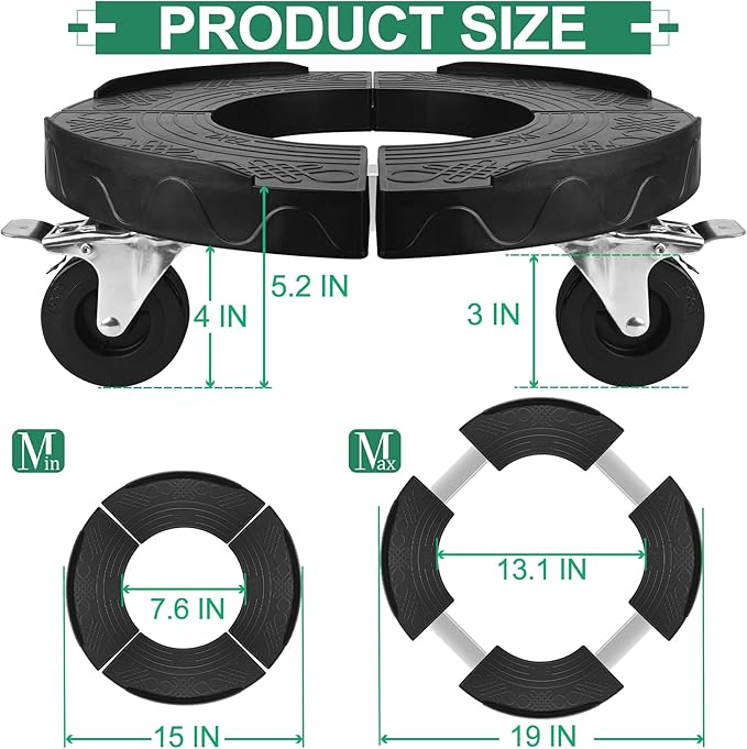 ToLanbbt Trash Can Dolly with 3 in Upgraded Wheels, 15-19 in Adjustable Round Furniture Dolly, Heavy Duty 480 LBS Drum Rolling Base, Keg Dolly for 20, 32, 44, 55 Gallon Garbage Cans, Black, 1 Pack