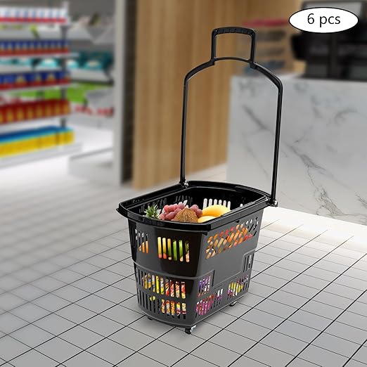 35L 6PCS Black Shopping Baskets with Wheels, Portable Rolling Shopping Basket Cart, Heavy Duty PP Plastic Storage Basket with Handle, 50kg Load Capacity for Supermarket, Retail Store, Warehouse