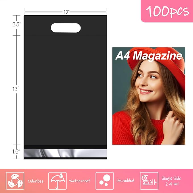 JinRuiKJ Poly Mailers with Handle 10x13 Inch 100 Pcs, Self Sealing Shipping Bags for Clothing, Easy to Carry Packaging Bags for Small Business - Pure Black