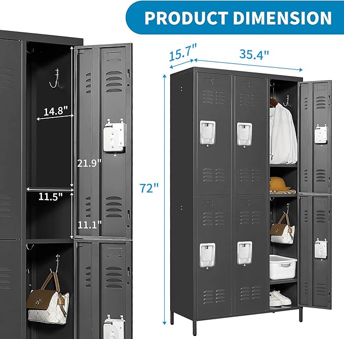6 Doors Locker Storage Cabinet, Metal Locker for Employees, 72" Tall Lockers for Office School Gym Home, Require Assembly (Black)