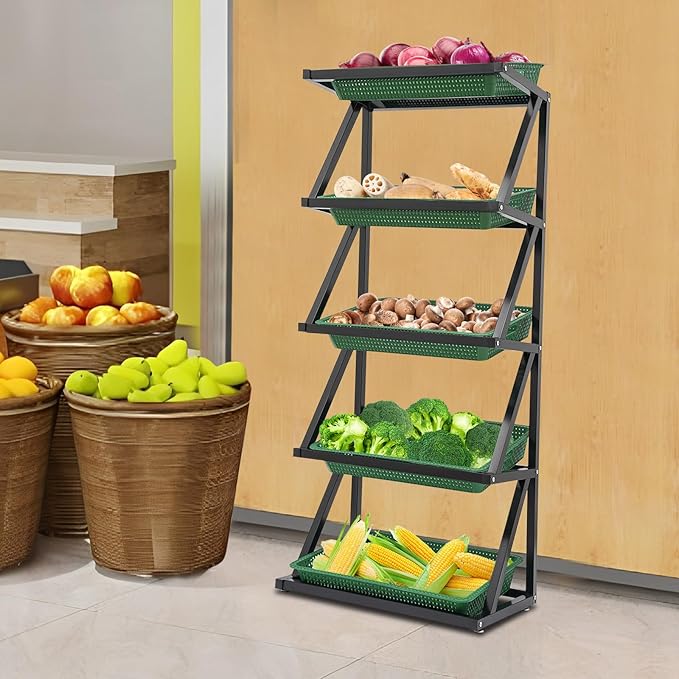 5 Tiers Retail Display Rack, Single Row Commercial Market Shelf Fruit and Vegetable Basket Stand Rack Set Snack Pantry Shelf Unit for Kitchen, Office, Store