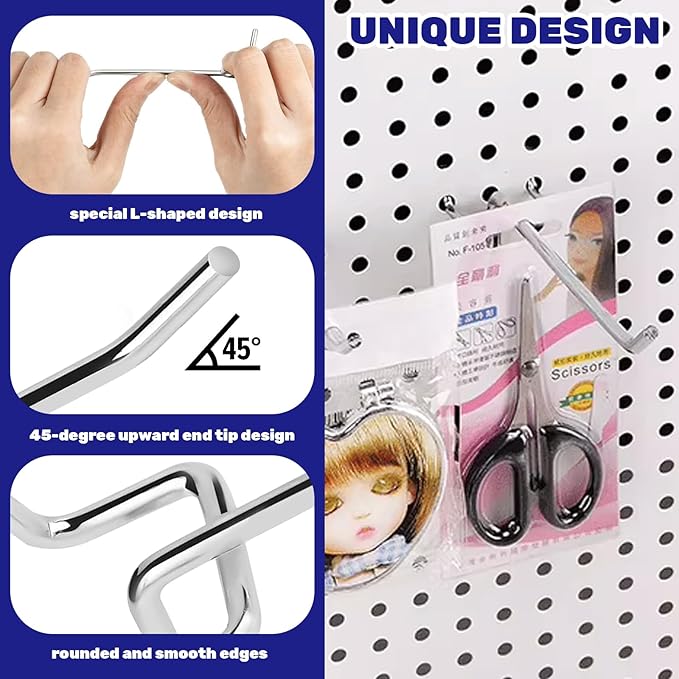 40Pcs 2" /50mm Stainless Steel Pegboard Display Hooks Bulk Set, Silver Garage Organization Peg Wall Hook Metal Slatwall Panel Hook Fit 1/8 and 1/4 Inch Pegboard for Retail