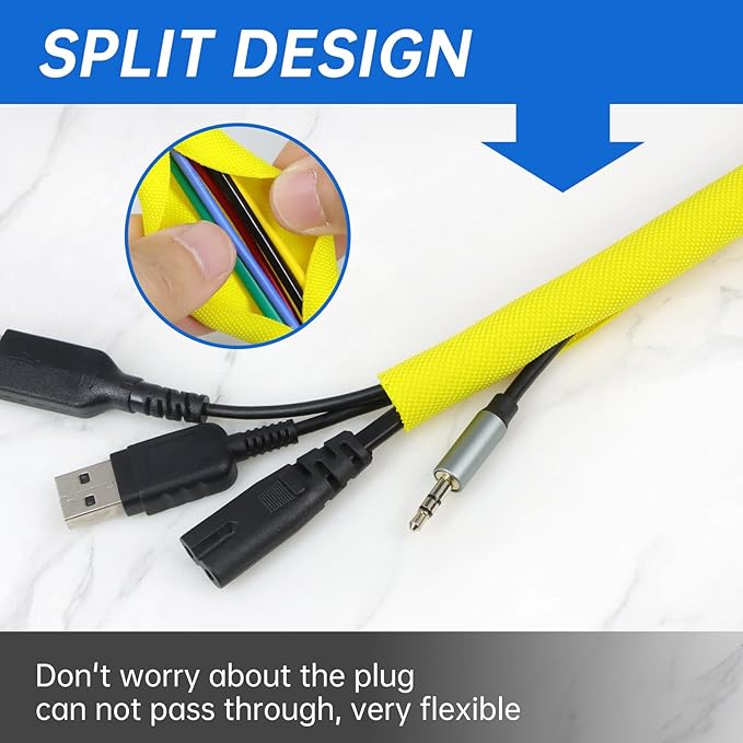 Split Braided Cable Sleeve，Flexible Wire Loom Tubing, Automotive Cord Protector Pet Proof, Cable Management for Computer TV Electric Wires Harness 16ft (Yellow, 19mm（3/4")