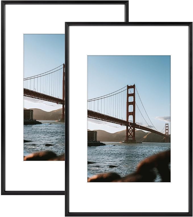 Frametory, 11x17 Metal Picture Frame with Mat for 8x12 Picture & Real Glass, Aluminum Photo Frame Collection (Black, 2 Pack)