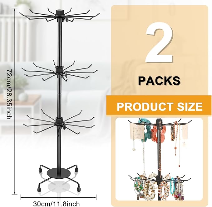 2 Pcs Spinning Jewelry Display Stand 3 Tier Rotating Keychain Earring Retail Rack Adjustable Fashion Counter Jewelry Tree Display Holder Organizer for Women Men (Black)