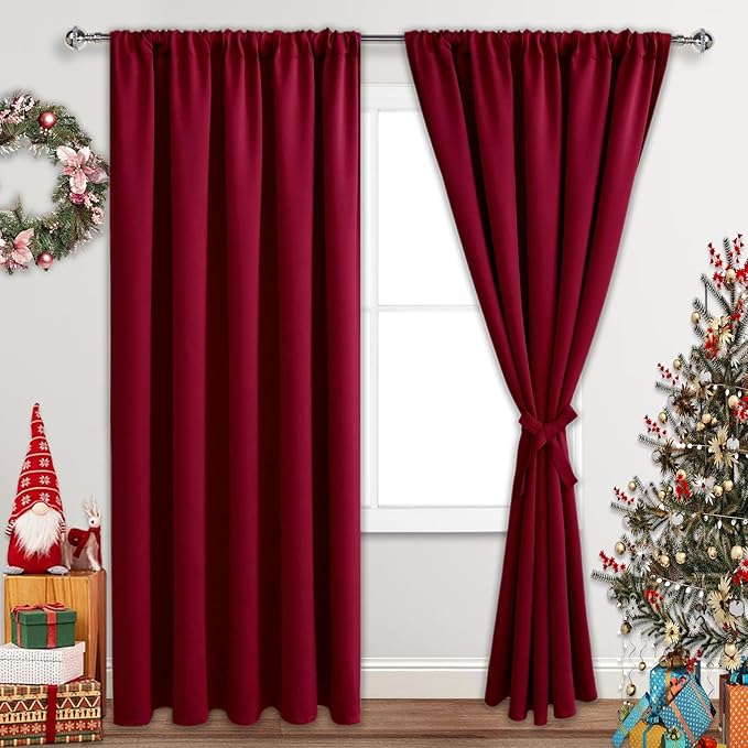 JIUZHEN Christmas Blackout Curtains for Bedroom - Thermal Insulated Room Darkening Noise Reducing, 60 x 84 Inch Length Curtains for Living Room, Set of 2 Panels with Tiebacks, Red