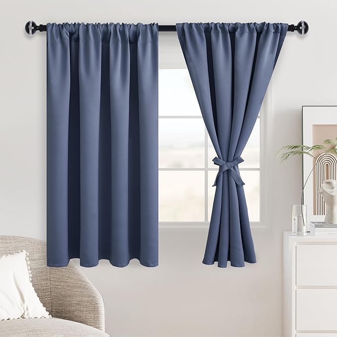 JIUZHEN Blackout Curtains for Bedroom– Thermal Insulated,Noise Reducing Room Darkening Privacy Drapes for Living Room, Set of 2 Panels with Tiebacks, 46 x 54 inch Long, Dusty Blue
