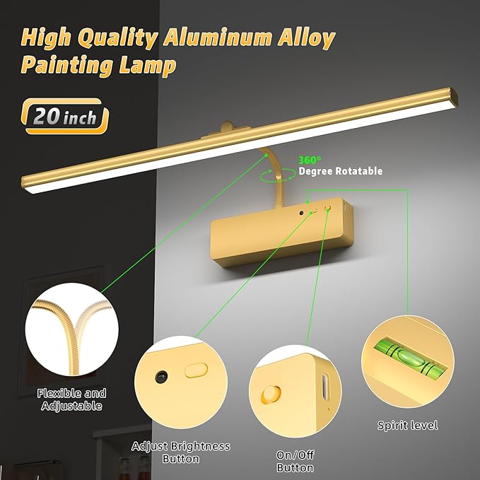 Lightbiz Picture Light, 20inch 6000mAh Rechargeable Picture Lights for Wall Battery Operated Wall Lights with Remote, 3 Colors Paintings Light Dimmable Art Light for Artwork, Gallery (Gold)