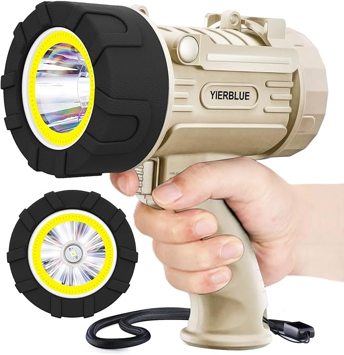 YIERBLUE Rechargeable Spotlight Floodlight Combo 120,000 High Lumen LED, IP67 Waterproof Spot Light COB Flood Light, Impact Resistant Handheld Spotlight with Foldable Stand and Detachable Red Lens