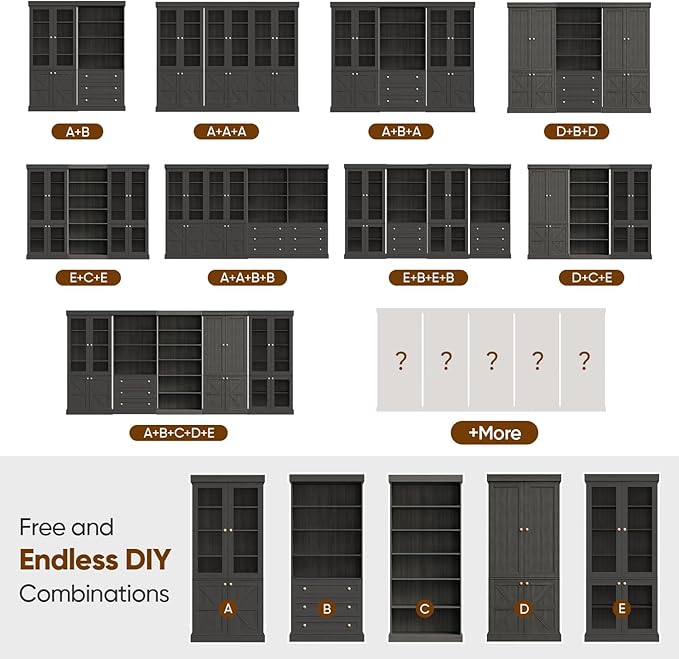 70.8" Bookshelf with Glass Doors, Farmhouse Modular Bookcase with 6-Tier Adjustable Shelves, Large Storage Cabinet for Living Room & Home Office, Set of 2, Black