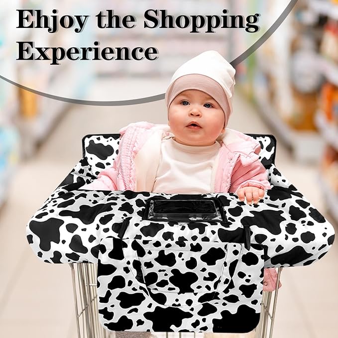 Shopping Cart Cover for Baby 2-in-1 High Chair Cover with Safety Harness Multifunctional Dark Black White Cow Pattern Cart Covers for Babies Soft Padded Grocery Cart Cover for Baby Boy Girl