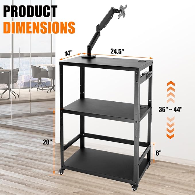 AV Cart with Monitor Mount, Height Adjustable Media Cart with Wheels and Power Strip, Rolling Workstation for Office, Classroom & Warehouse, Steel Presentation Stand for Projector, Laptop & Printer