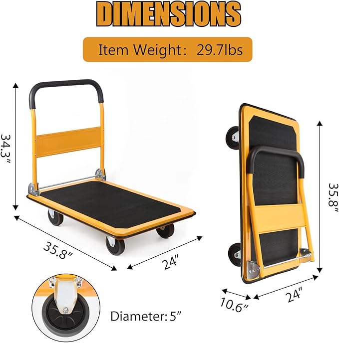 LEADALLWAY Platform Truck Large Size 880lbs Foldable Push Cart 35.8x24x34.3inches Yellow with 2 Ropes