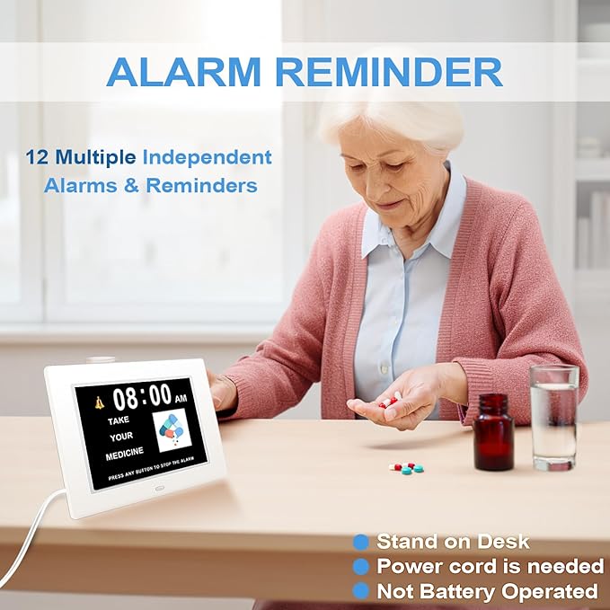 【New 2024】 Digital Calendar Alarm Day Clock - with 8" Large Screen Display, am pm, Multiple Alarms, for Impaired Vision People, The Aged Seniors, The Dementia, for Desk, Wall Mounted,