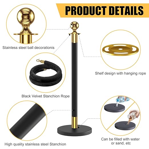 kaiyomi 6Pcs Stanchions with Black Velvet Ropes Set, 5 Feet Velvet Ropes and Posts Poles for Red Carpet Party Decoration and 360° Photo Booth (Golden & Black)