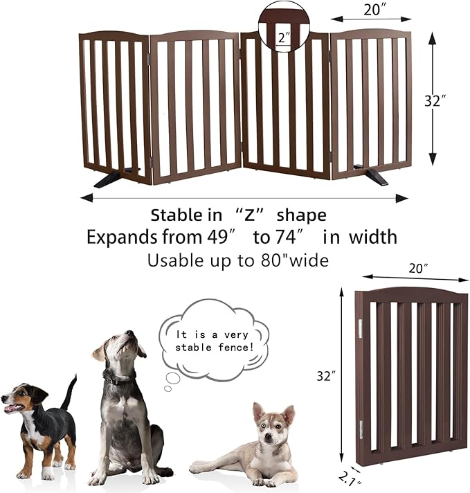Freestanding Dog Gate Indoor,Doggie Gate Foldable Pet Gates for Doorways,Stairs or Hallways, Wooden Brown Pet Gate for The House, Pet Fence with Support Feet Included,32 "Height-4 Panels