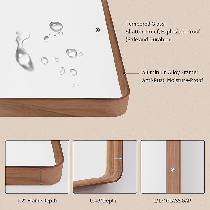 LOAAO 36X36 Inch Bathroom Mirror with Wood Grain Colored Metal Frame, Rounded Rectangle Metal Framed Bathroom Mirror, Anti-Rust, Hangs Horizontally or Vertically, Tempered Glass