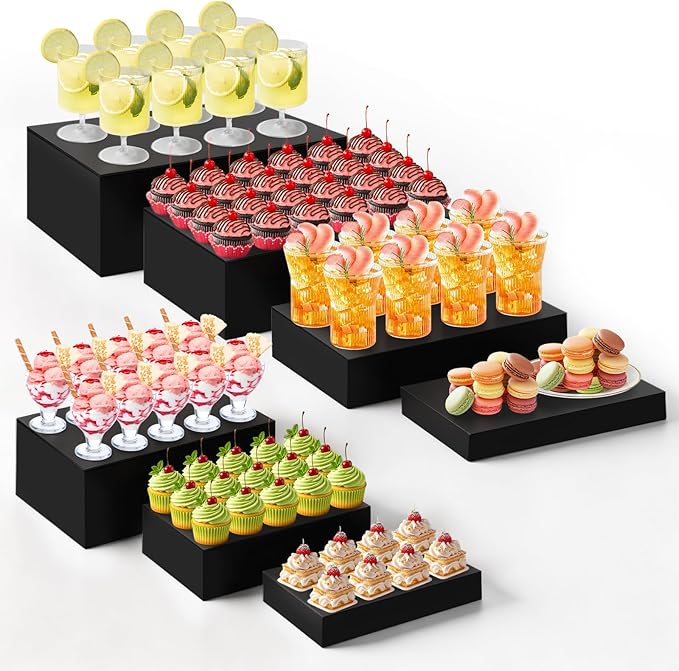 Leinuosen 7 Pcs Large Buffet Risers Set 6" to 12" Acrylic Display Box Catering Dessert Table Riser Food Display Decorative Stand with Hollow Bottom for Catering Supplies(Black, Rectangle)