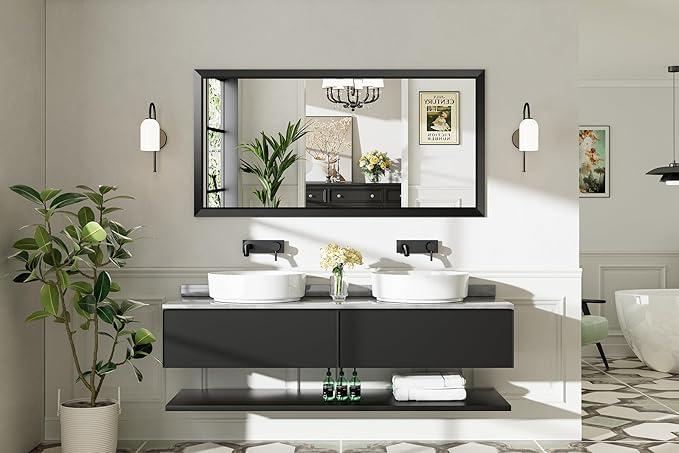 60x30 Inch Black Bathroom Mirror for Wall, Thick Metal Framed Rectangle Mirrors for Over Sink, Bedroom, Living Room, Entryway, Anti-Rust, HD Tempered Glass