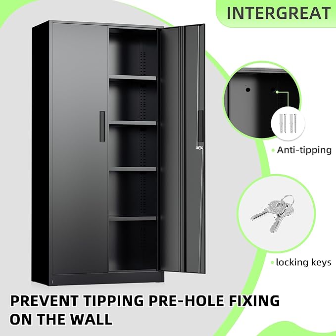 INTERGREAT Storage Cabinet with Doors and Shelves, Metal Garage Storage Cabinets with Lock, Black Lockable Steel Supply Cabinet for Home Office, Warehouse