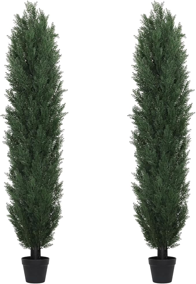 THE BLOOM TIMES 6ft Large Topiary Trees Artificial Outdoor Set of 2, UV Resistant Faux Cedar Pine Cypress Bushes & Shrubs, Fake Plants for Front Porch Outside Planter Patio Decor 6 Foot Tall