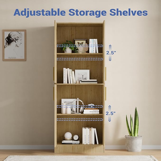71" Tall Pantry Cabinet with 4 Doors, Kitchen Pantry Storage Cabinet, Freestanding Larder Cupboard, Utility Kitchen Hutch with Gold Handles for Dining Room, Bathroom, Natural
