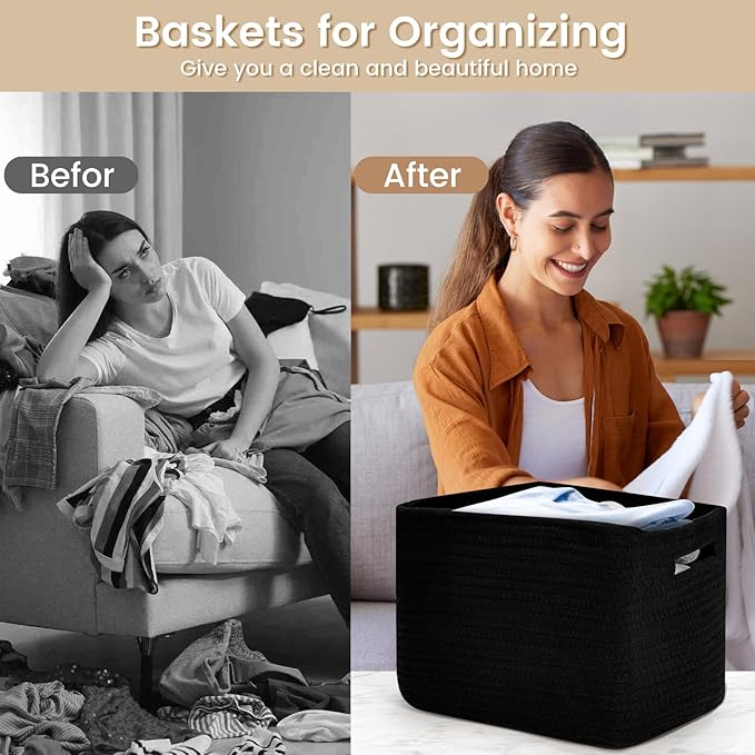 3 Pack Shelf Woven Storage Basket, 15 x 10 x 9” Closet Rope Baskets For Organizing, Square Bins with Handles, Black