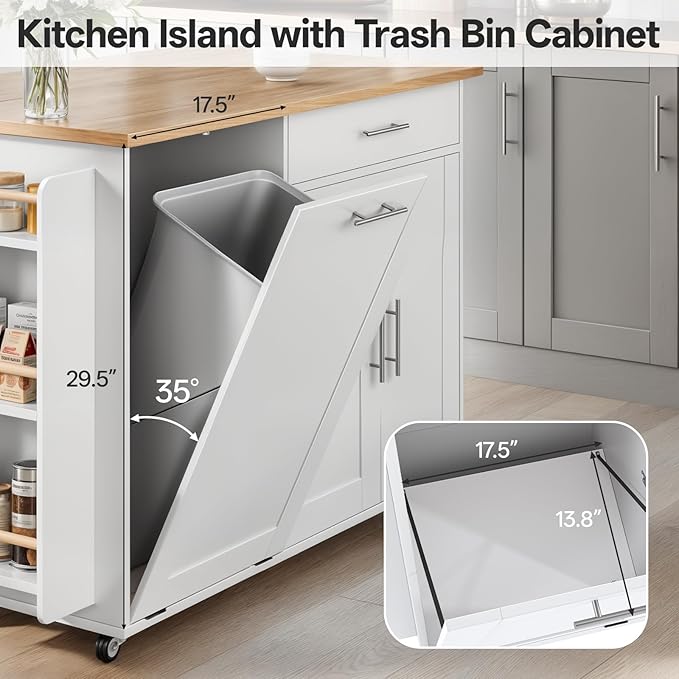 53.9" Rolling Kitchen Island Cart with Drop Leaf & Storage - Mobile Kitchen Organizer with Wheels, Rubberwood Top, Trash Bin Cabinet & Towel Rack, White Farmhouse Style for Small Spaces