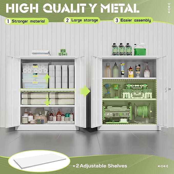 Incbruce 36” Metal Storage Cabinet, Locking Steel Storage Cabinet with 2 Doors and 2 Adjustable Shelves, Small Lockable Tool Storages Cabinet for Garage, Home, Office (White)
