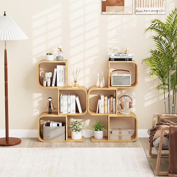 Giantex S-Shaped Bookcase, 3-Tier Bamboo Bookshelf with 3 Open Cubes, Geometric Corner Display Shelf, Decorative Storage Organizer, Floor Storage Rack for Living Room, Home Office, Natural