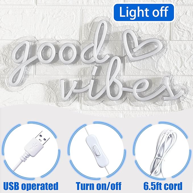 Blue Good Vibes Neon Signs for Wall Decor, Room Decor Aesthetic Good Vibes Neon Light Blue, USB Powered Game LED Sign for Bedroom, Gamer Light up Sign for Christmas Teen Boys Girls Men Cave