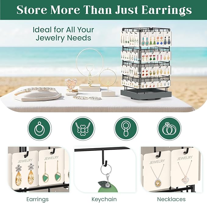 EsLuker.ly Rotating Earring Display Holder Stand for Vendors Events Selling, Large Capacity 64 Hooks Jewelry Rack with Wooden Base for Earring Card Sales, Enhances Retail Visibility(Dark Grey)