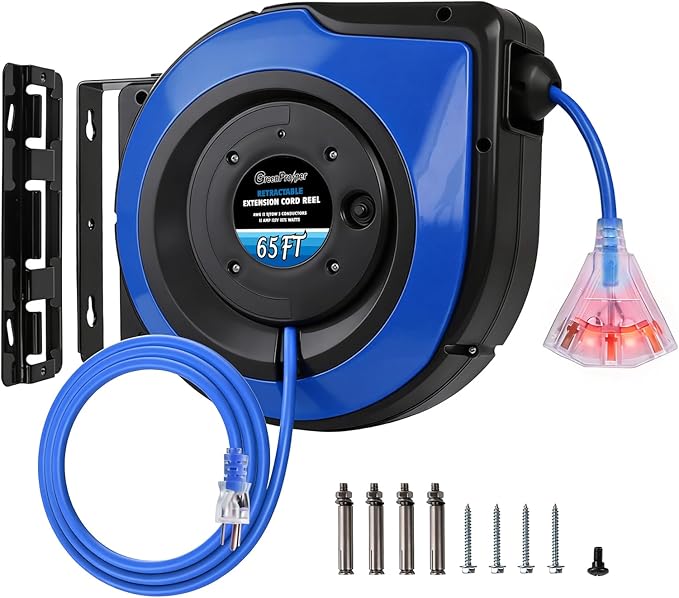 65Ft Heavy Duty Cord Reel, Retractable Extension Cord, 12AWG/3C SJTOW, Lighted Triple Tap Outlets 15A Circuit Breaker, Wall/Ceiling Mounted, Adjustable Stopper UL Listed Blue