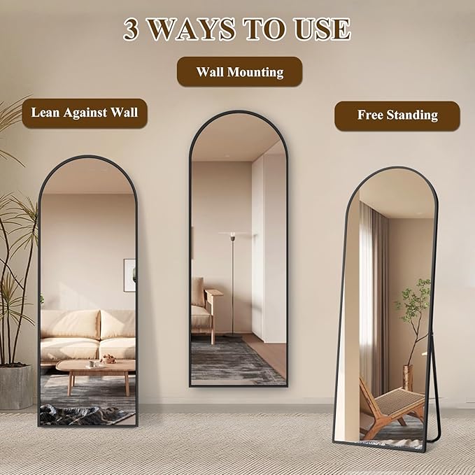 56"x18" Full Length Mirror with Stand, Shatterproof Arched Floor Mirror, Aluminum Alloy Thin Frame - Freestanding/Leaning/Wall Mount for Bedroom, Living Room & Entryway (Black)