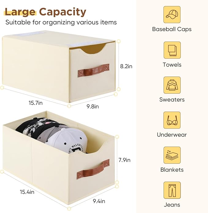 4 Pack Stackable Storage Drawers, Fabric Closet Organizers and Storage with Handles and Clear Window, Pull-Out Clothes Storage Bins with Drawer for Closet, Bedroom, Living Room, Under Bed, Beige