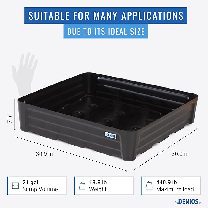 Denios Spill Containment Tray- 21.1 Gallon Spill Tray Capacity - Without Grate- 30.9""X30.9""X7.1 in (Large), Black