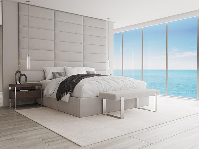VANT Upholstered Bed Bench - Ribbed Stone - Brushed Nickel - Contemporary Modern, Bedroom Bench Seat, Hallway, or Entryway