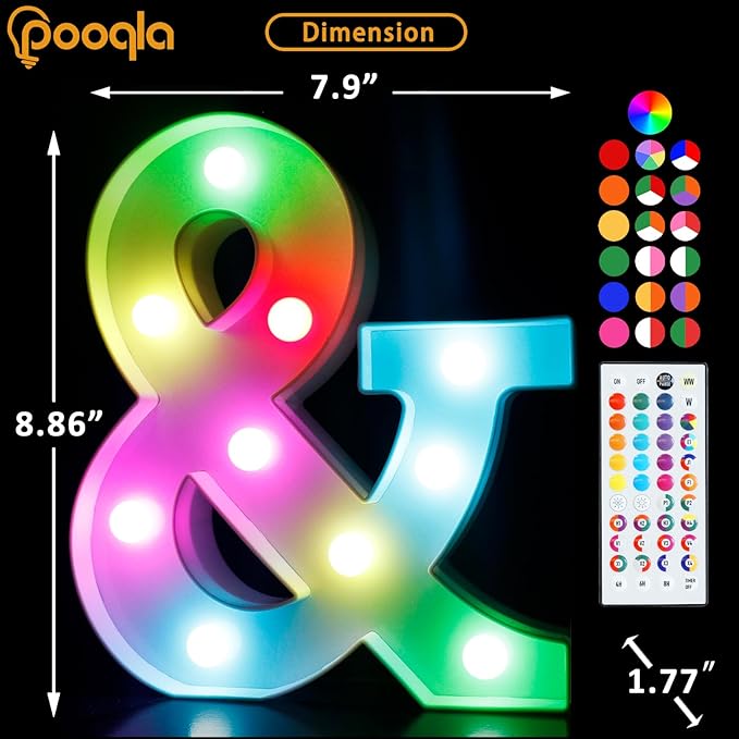 Pooqla Colorful Light Up Letters with Remote, Upgraded 35 Colors LED Marquee Letters, RGB Lighted Letter for Girls Teenager Gift, Birthday, Party, Wedding, Night Light, Room, Bedroom Decor, Letter &