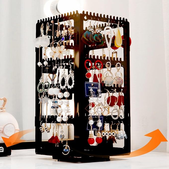 360° Rotating Jewelry Organizer Stand with 5 Layers,Acrylic Earring Holder Organizer Stand,228 Holes and 232 Grooves for Studs,Dangly Earrings,Chains,Bracelets,Necklace