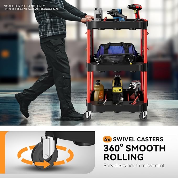 Auto Dynasty 3-Tier Rolling Cart Trolley Detailing Cart with 9 Cup Holders and 2 Pegboards 120 kg/260 Lbs Capacity on Wheels Fits Garage, Home, Storage, Warehouse, and Workshop Use, Black/Red