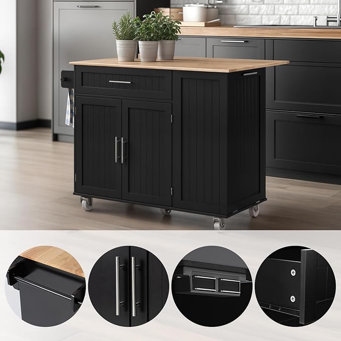 43.3" Rolling Kitchen Island Cart with Drop Leaf & Storage - Mobile Kitchen Organizer with Wheels, Rubberwood Top, Trash Bin Cabinet & Towel Rack, Farmhouse Style for Small Spaces Black