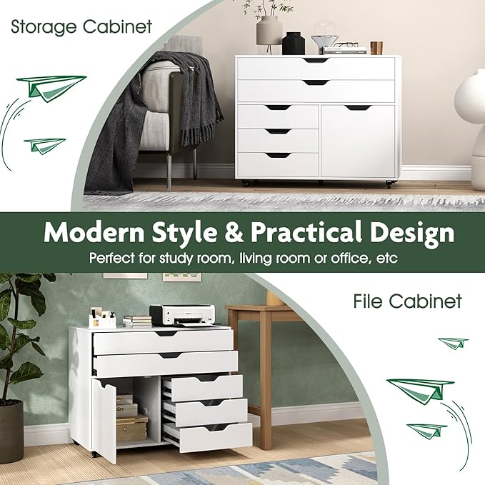 File Cabinet, White Filing Cabinet w/Universal Wheels, Wood Printer Stand w/Storage, Rolling File Cabinets for Home Office, Living Dining Room (White, 2 Large Drawers & 3 Small Drawers)