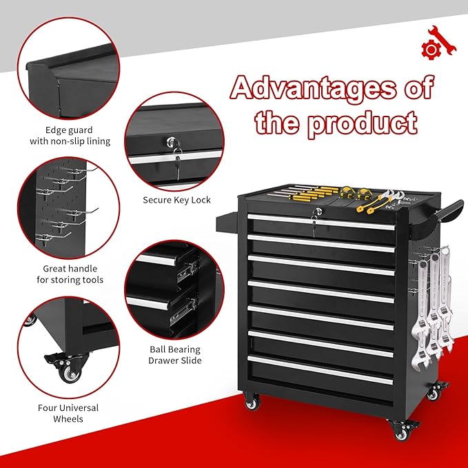 7-Drawer Tool Chest on Wheels, Rolling Metal Toolbox with Wheels & Drawers, Tool Cart Cabinet, Suitable for Garage, Moving/Gift/Daily Use ﻿