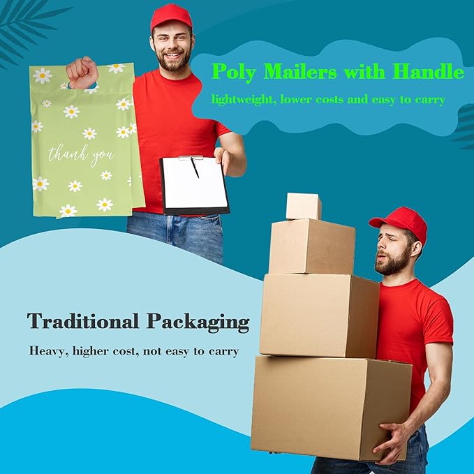 JinRuiKJ Poly Mailers with Handle 14.5x19 Inch 50 Pcs, Easy to Carry Packaging Bags for Small Business, Thank You Shipping Bags with Self Adhesive Strip, Tearproof and Waterproof - Chrysanthemum