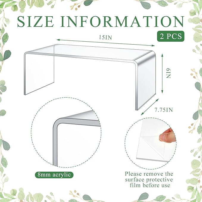 2 Pcs 15 Inch Large Acrylic Risers Display Stands 8 mm Thick Acrylic Shelf Riser Showcase for Collectibles Jewelry Cupcakes Food Figures Perfume Cabinet (Clear)