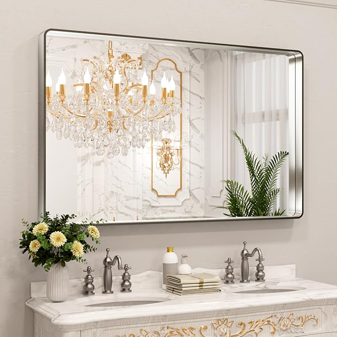 LOAAO 55X36 Inch Brushed Nickel Bathroom Mirror, Rounded Rectangle Silver Metal Frame Mirror, Brushed Nickel, Anti-Rust, Shatter Proof, Hangs Horizontally or Vertically