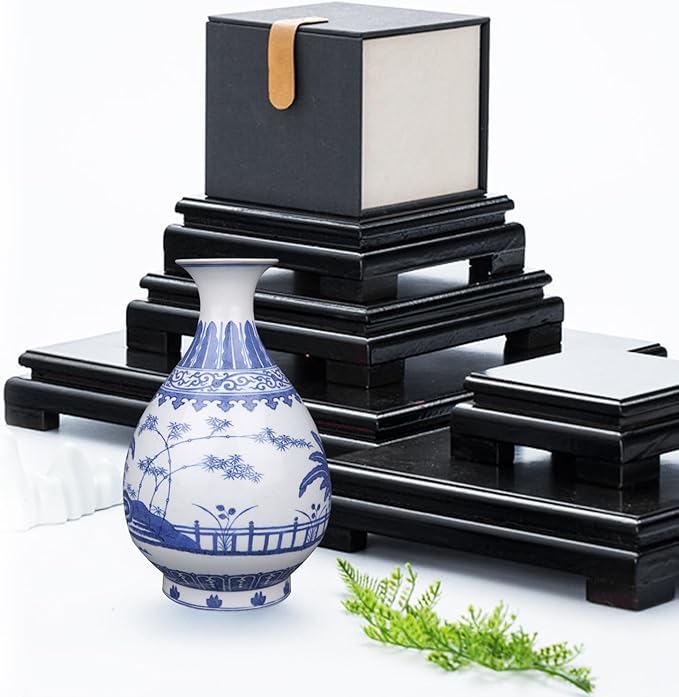 MDEOOSKY Wooden Display Stand Square Wood Display Base Display Risers Square Vase Riser Teapot Aquarium Lamp Base Home Decoration 7.9" W x 7.9" D x 1.7" H (Black)