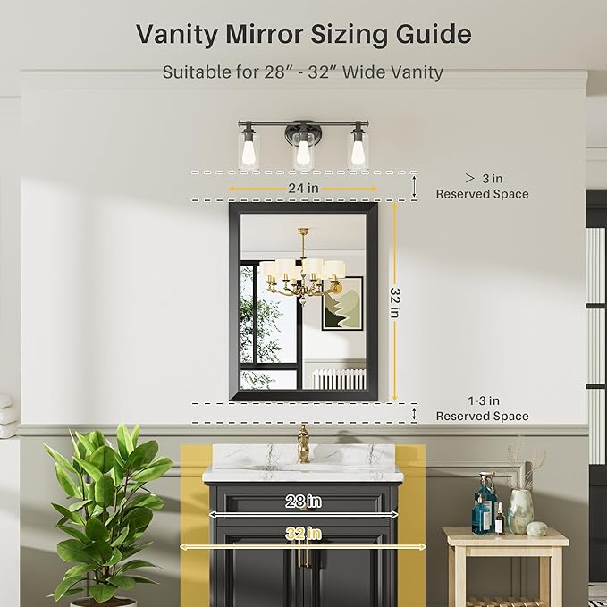 24x32 Inch Black Bathroom Mirror for Wall, Thick Metal Framed Rectangle Mirrors for Over Sink, Bedroom, Living Room, Entryway, Anti-Rust, HD Tempered Glass